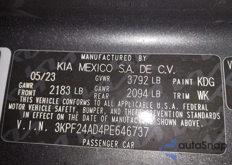 2023 Kia Forte Lx из США, поврежденный, VIN 3KPF24AD4PE646737